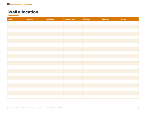 Preview of Walk-In Wardrobe Wall Allocation Sheet